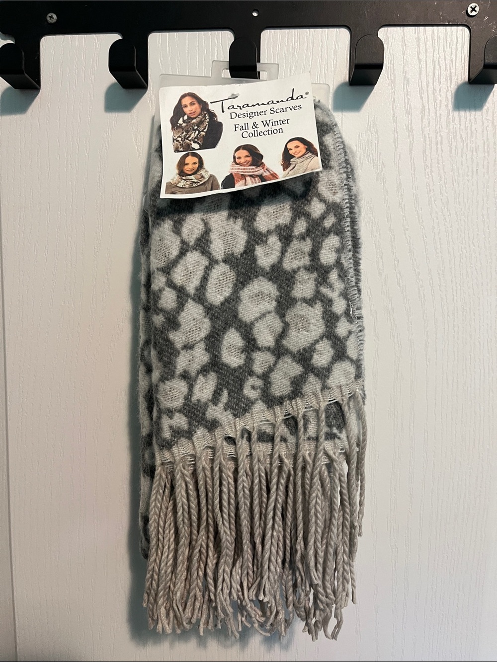 Taramanda Gray Leopard Print Fringe Scarf